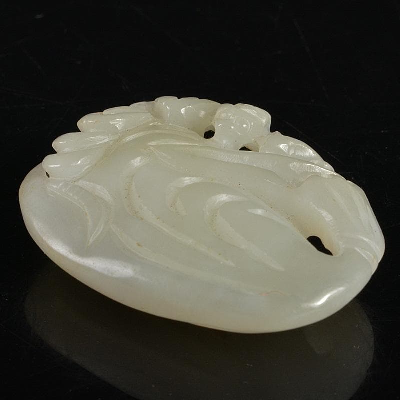 中国　玉石白玉彫刻　蝙蝠彫　根付　紙鎮　置物　C　R7147E