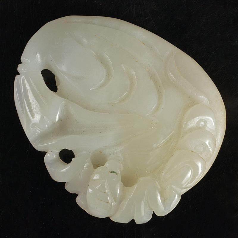 中国　玉石白玉彫刻　蝙蝠彫　根付　紙鎮　置物　C　R7147E