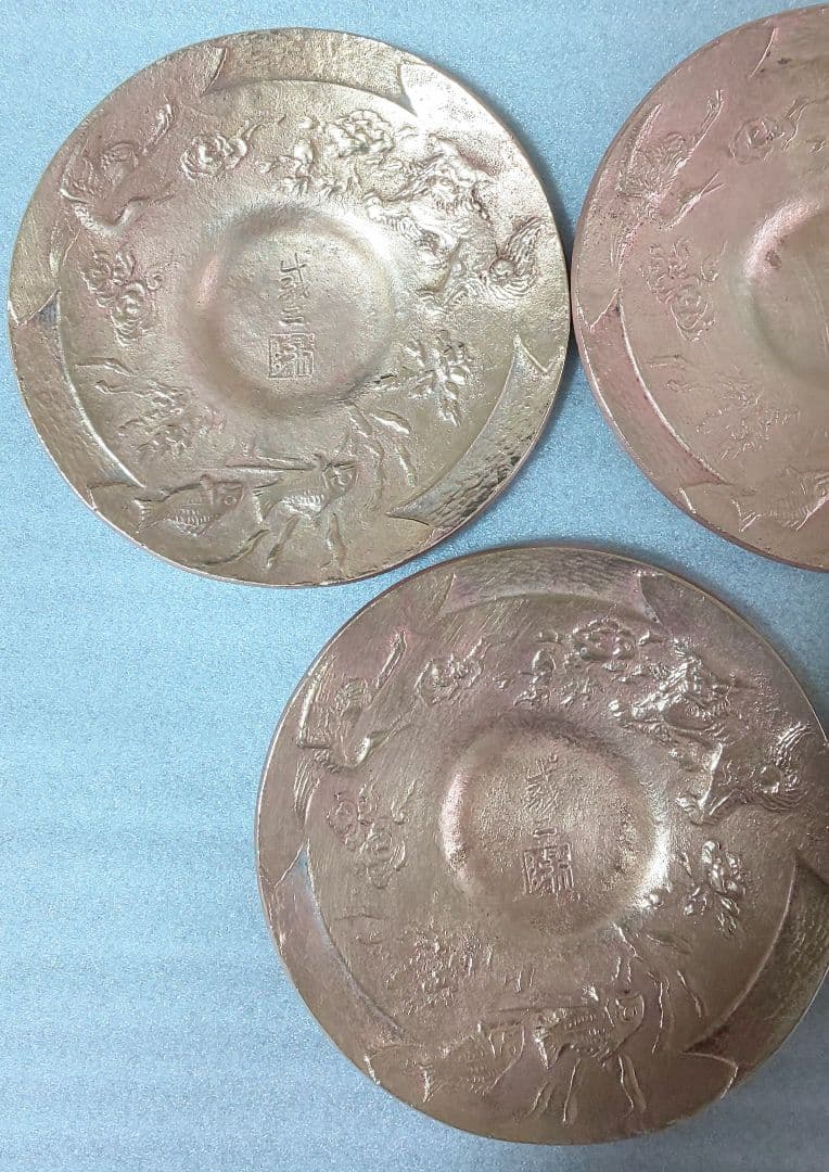 銅製茶托五客 陽咸二作 獅子魚鶴図 煎茶道具 煎茶器 銅茶托