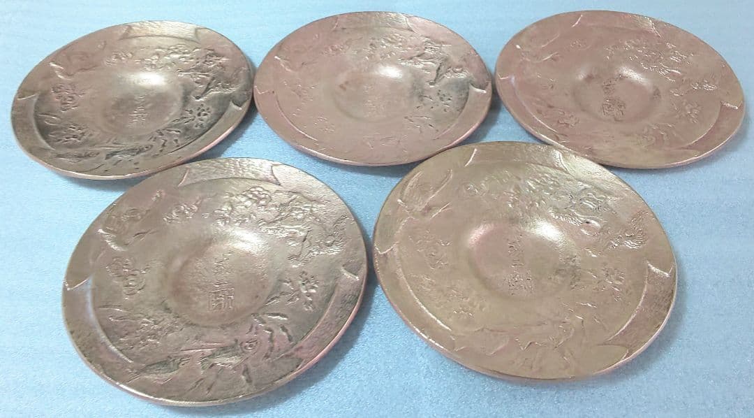 銅製茶托五客 陽咸二作 獅子魚鶴図 煎茶道具 煎茶器 銅茶托