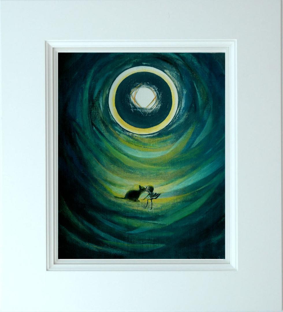 油絵 菅家令子絵 絵画インテリア額付(淡い銀青緑 ) F3-031119猫女の子