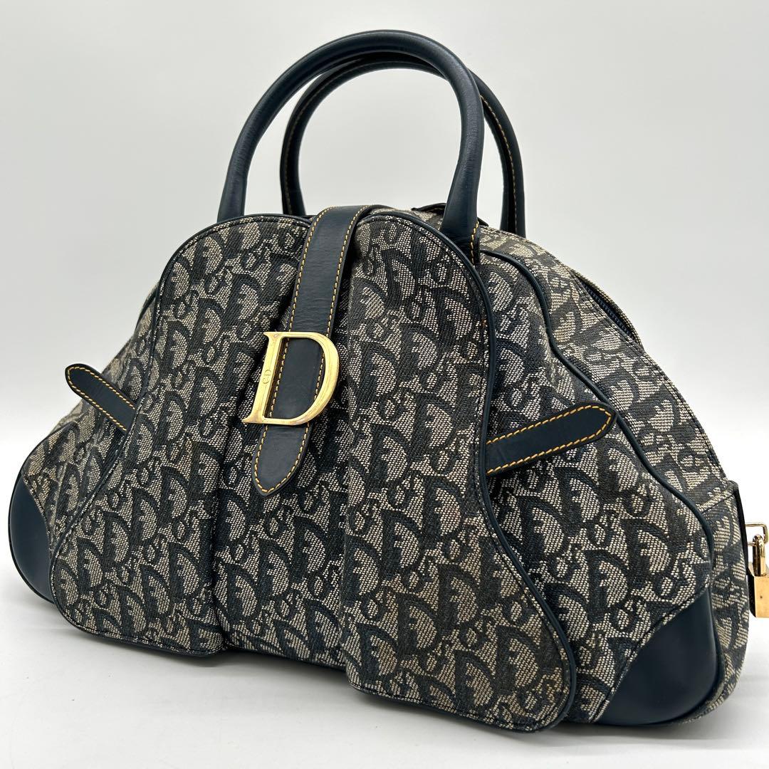 【美品】クリスチャンディオール ダブルサドル ハンドバッグ トロッター ネイビー