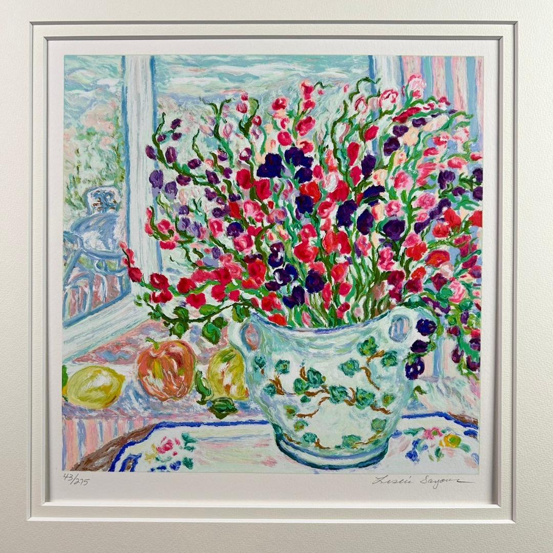 美品 レスリー・セイヤー「スイートピーズ」シルクスクリーン 直筆サイン入 額縁入