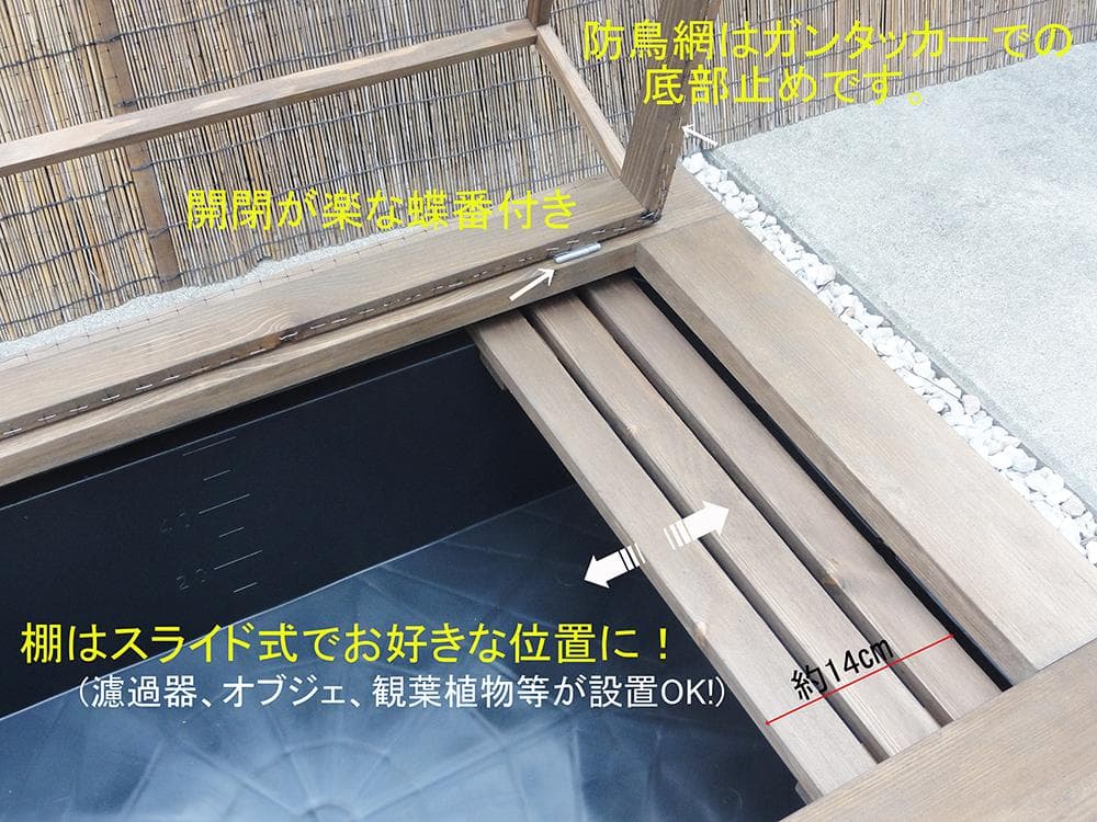 高さの有るビオトープ 60L　トロ舟＆木枠セット（3D防鳥網付き・棚付き）