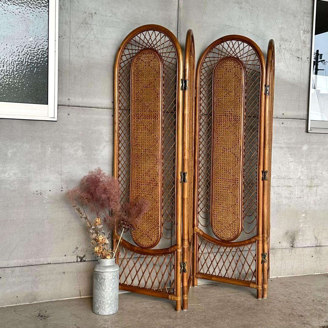 ꧁オールドラタン꧂4連パーティション　間仕切り　藤　アジアン　アンティーク