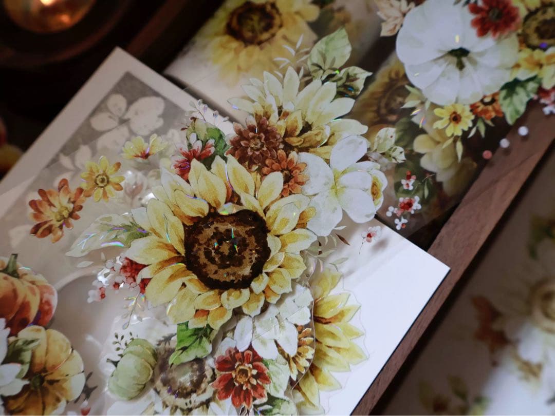 【8224】海外　マステ　5m巻売り　貝殻光マスキングテープ　向日葵　お花