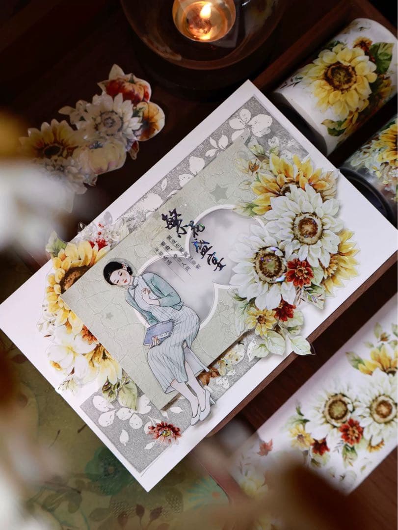 【8224】海外　マステ　5m巻売り　貝殻光マスキングテープ　向日葵　お花