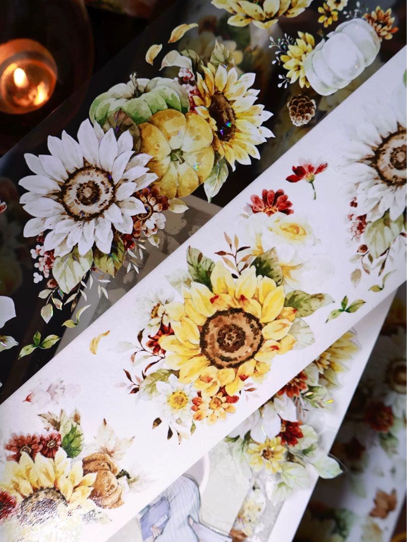 【8224】海外　マステ　5m巻売り　貝殻光マスキングテープ　向日葵　お花