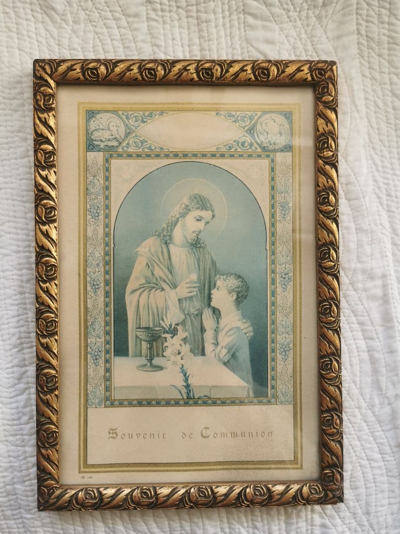 アンティークベルギー キリストと少年 初聖体 天使羊鳥透し絵 ローズ木彫フレーム