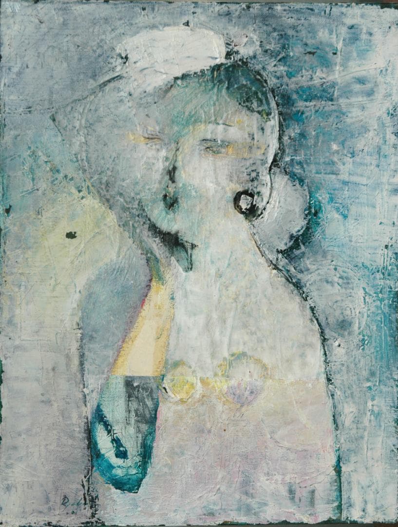 油絵 菅家令子 絵 絵画インテリア額付(青緑＋金色の枠)uF6-071802女性