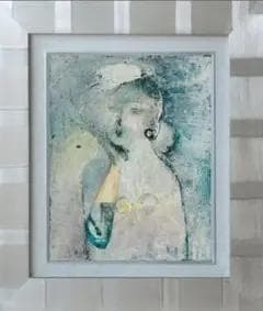 油絵 菅家令子 絵 絵画インテリア額付(青緑＋金色の枠)uF6-071802女性