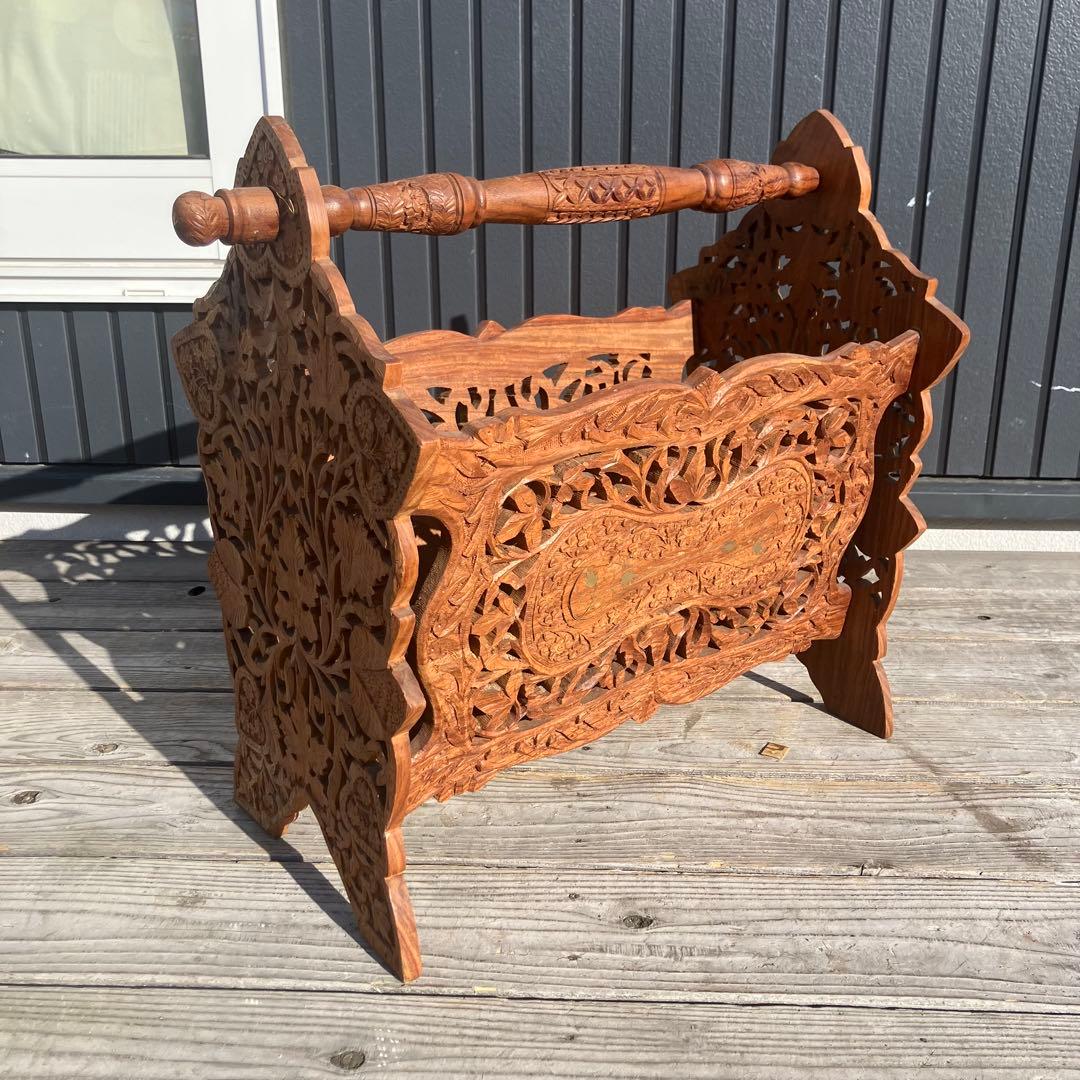 アンティーク 象嵌細工 彫刻 木製マガジンラック レトロ ビンテージヴィンテージ