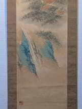 【真作】掛軸　青緑山水図　仙境の楼閣と松林風景　清幽なる風景画　T4