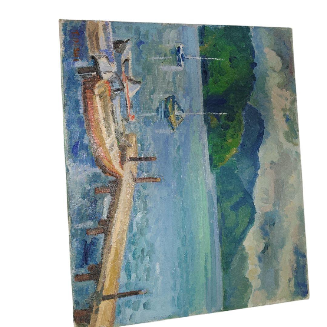 真作　油彩画　 海とボート