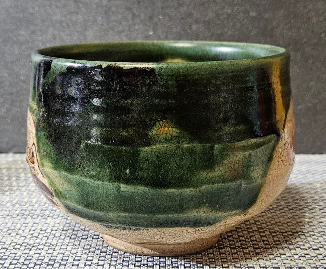 【時代古作品❗】明治時代　在印○助印 織部焼　織部釉　鉄絵　山水図　茶碗　茶道具