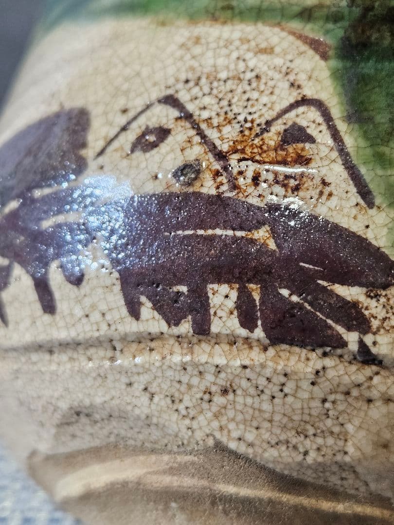 【時代古作品❗】明治時代　在印○助印 織部焼　織部釉　鉄絵　山水図　茶碗　茶道具