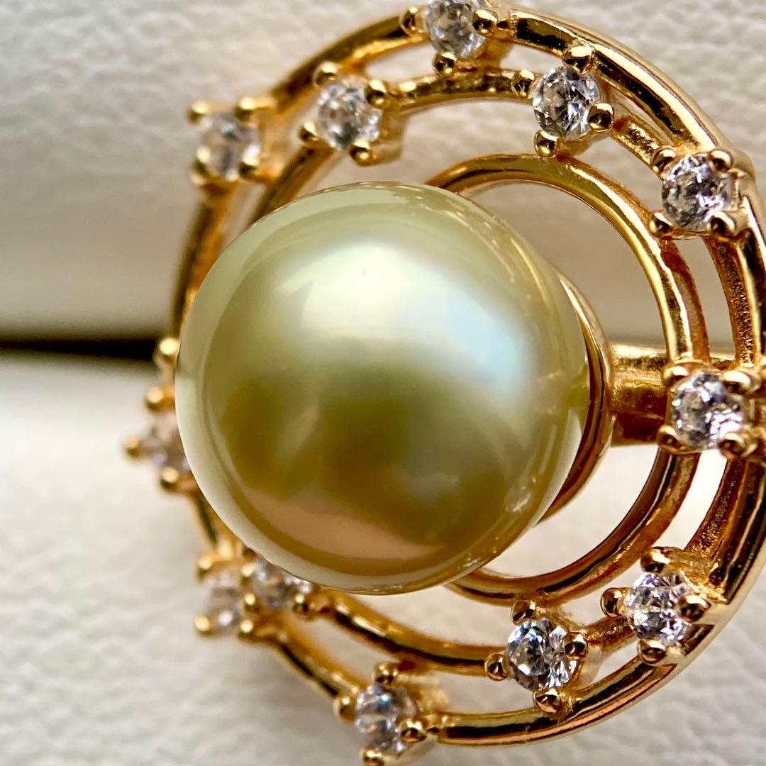 本真珠南洋白蝶真珠　茶金(緑)9.6㍉s925リングY1023