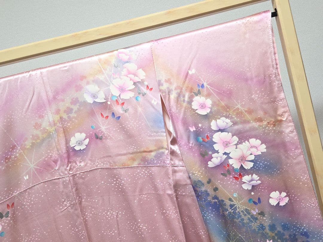 B◆着物くつろぎ かわいい花模様 銀彩 キラキラ 袷 正絹 成人式 振袖 着物