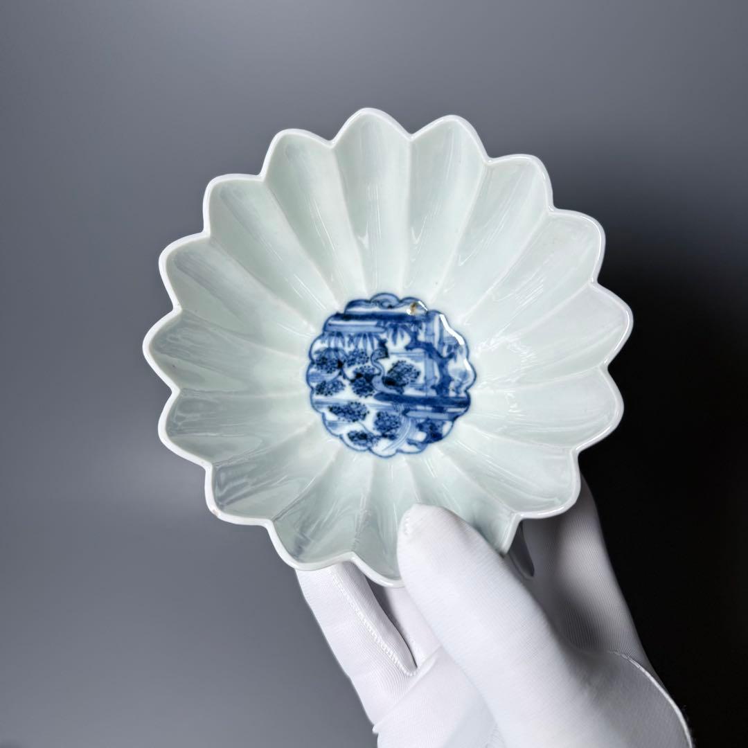 江戸中期〜後期　古伊万里　藍九谷花鳥図菊花形向付　五点　最上手　特注桐箱　共布