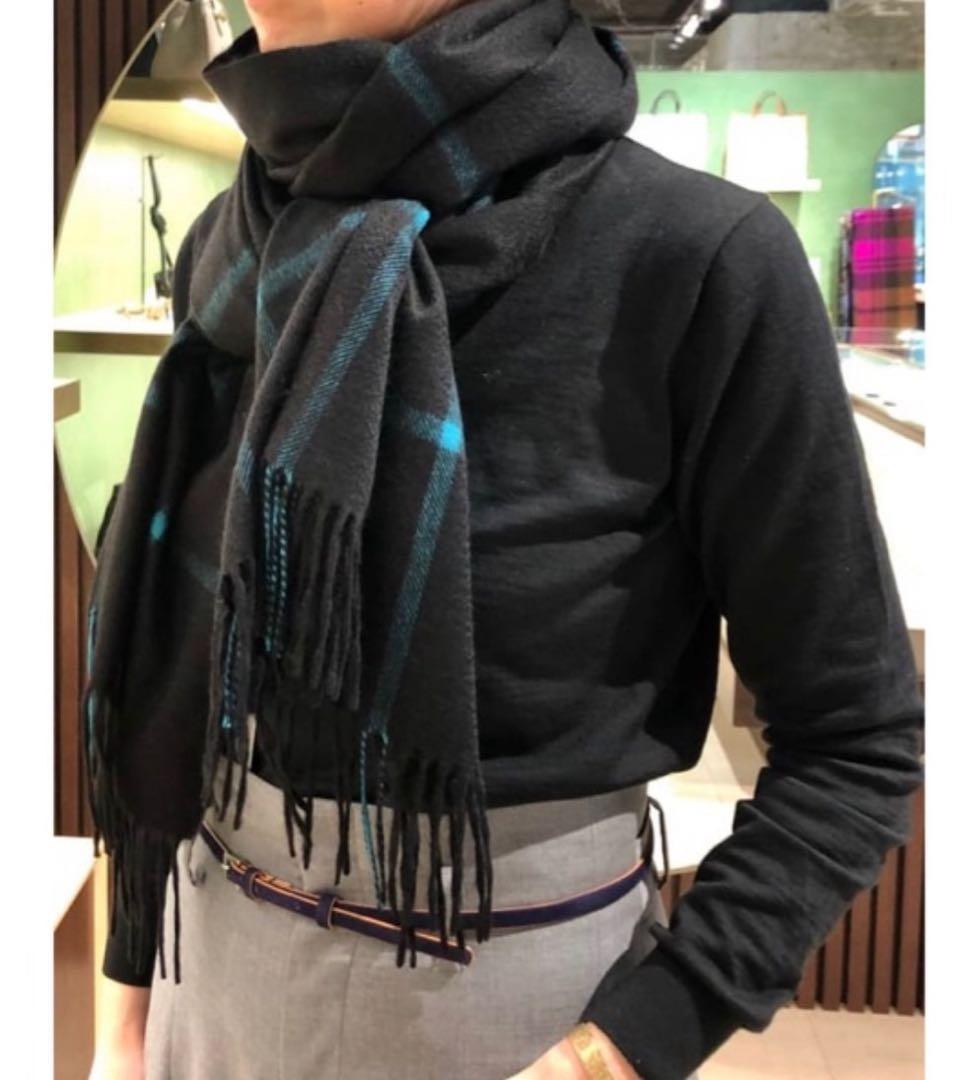 Joshua Ellisカシミヤストールブラック×ターコイズブルーマフラーp53