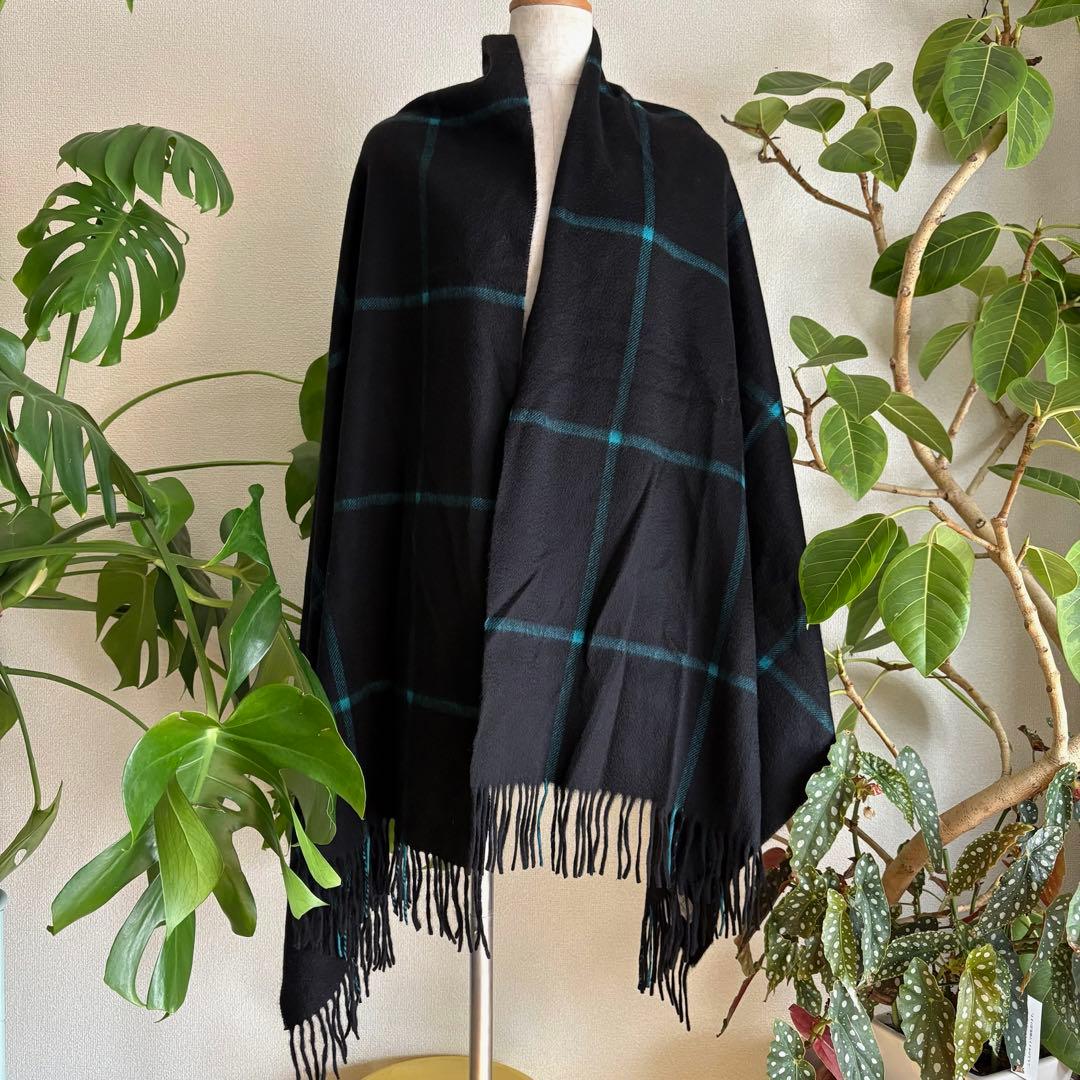 Joshua Ellisカシミヤストールブラック×ターコイズブルーマフラーp53