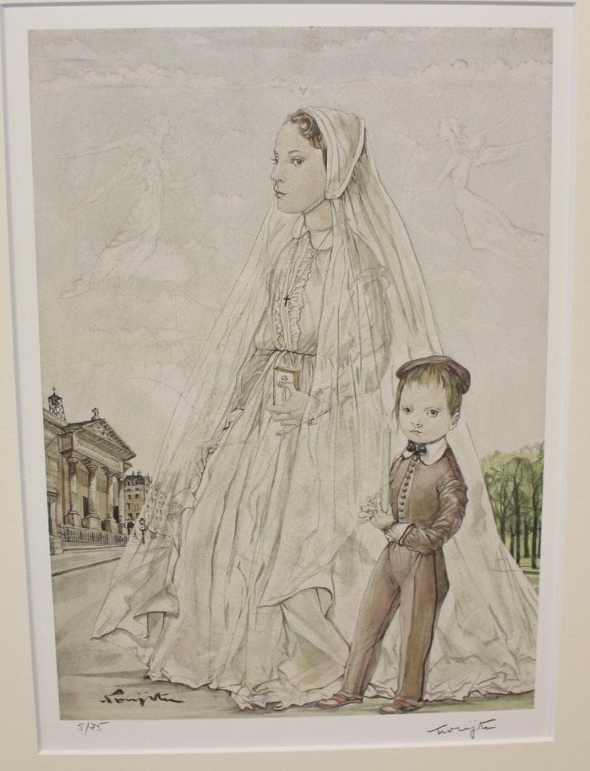 藤田嗣治 リトグラフ 魅せられし河より「サンフィリップ教会」75部限定 5/75