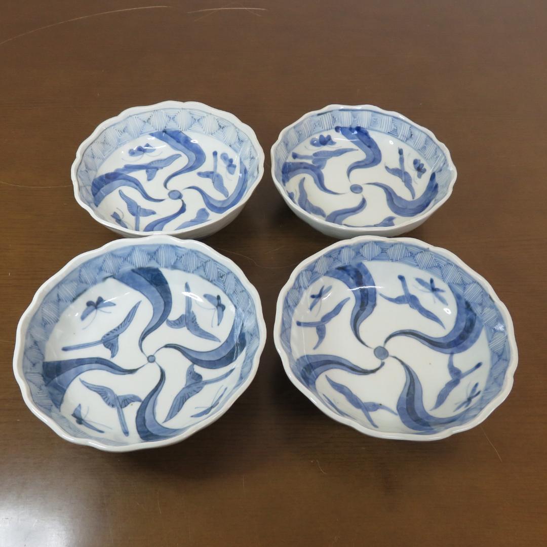 なます皿 4枚 染付 蝶 鳥 渦巻 風車 花弁縁 江戸