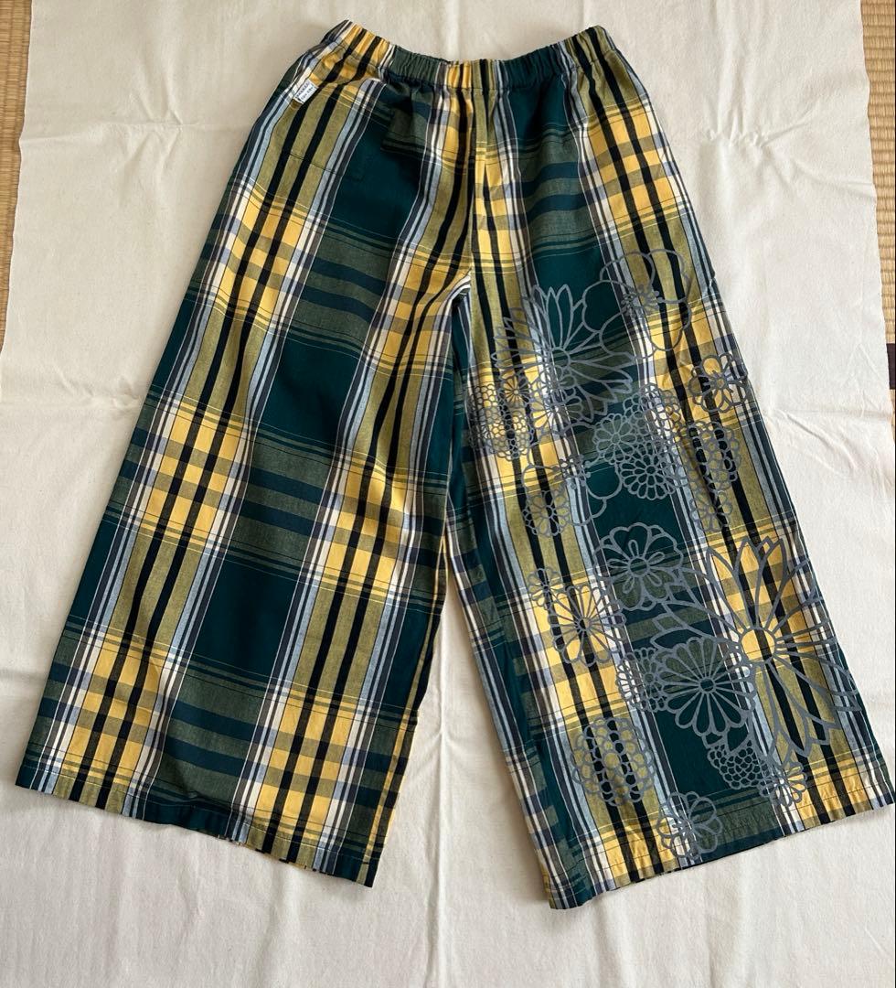 【匿名発送】SOU・SOU 広形もんぺ 伊勢木綿20/20二筋布団縞深緑色×藤黄