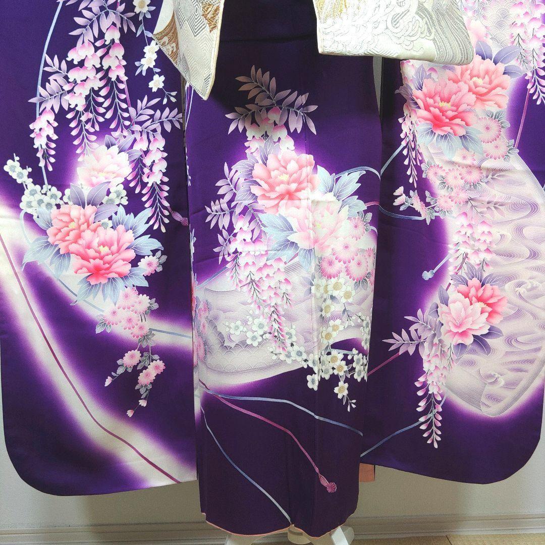 振袖　完全フルセット　24点　成人式　結婚式　前撮り　紫　金　緑　ラインストーン