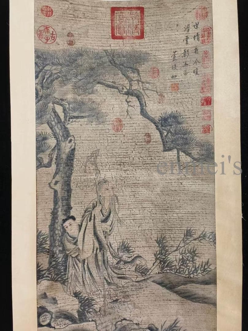 中国古美術 明代 盧稜伽作款 水墨画 風景人物 三尺 宣紙 掛け軸 唐物 肉筆