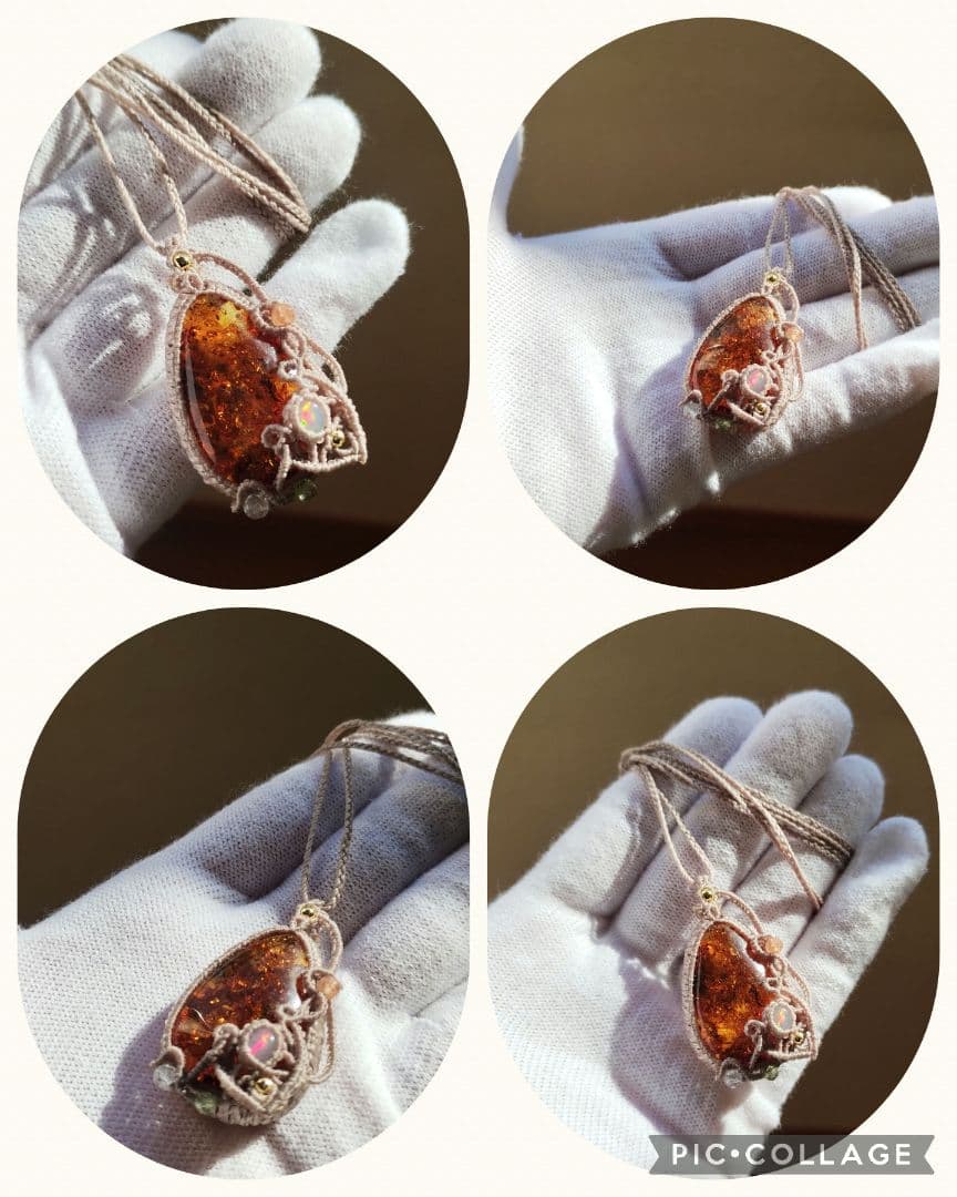 アンバー＆オパールのマクラメ編みネックレス　ペンダント　天然石