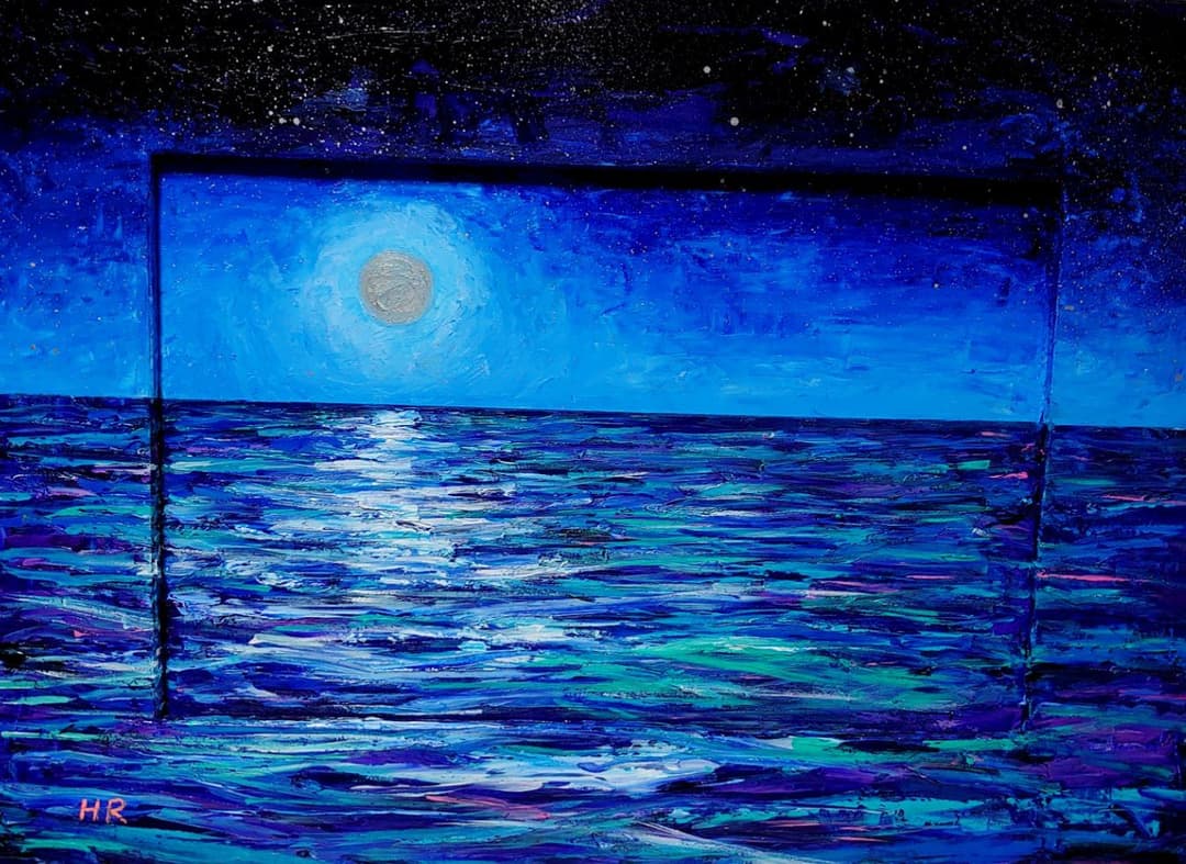 油絵 絵画 【月の夜海】【木製】