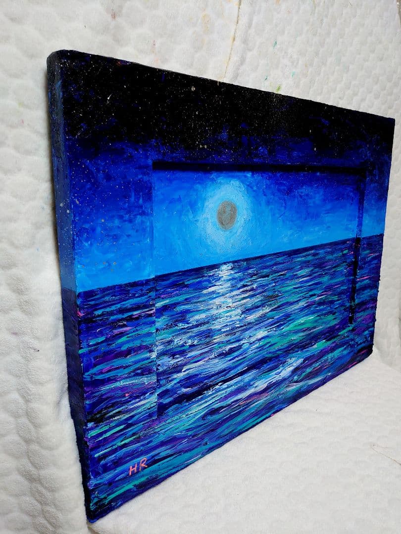 油絵 絵画 【月の夜海】【木製】