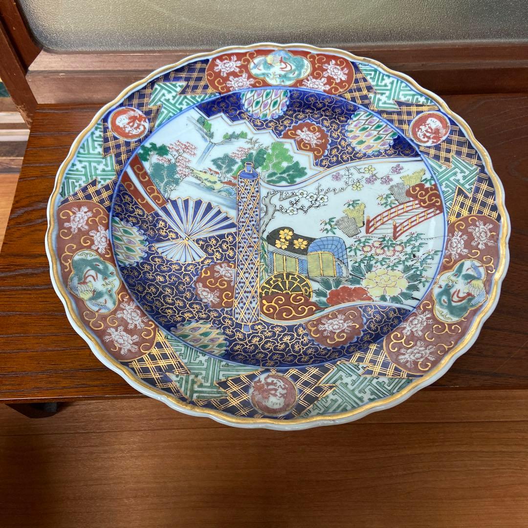 有田焼色絵扇面巻物の図大皿ニ枚