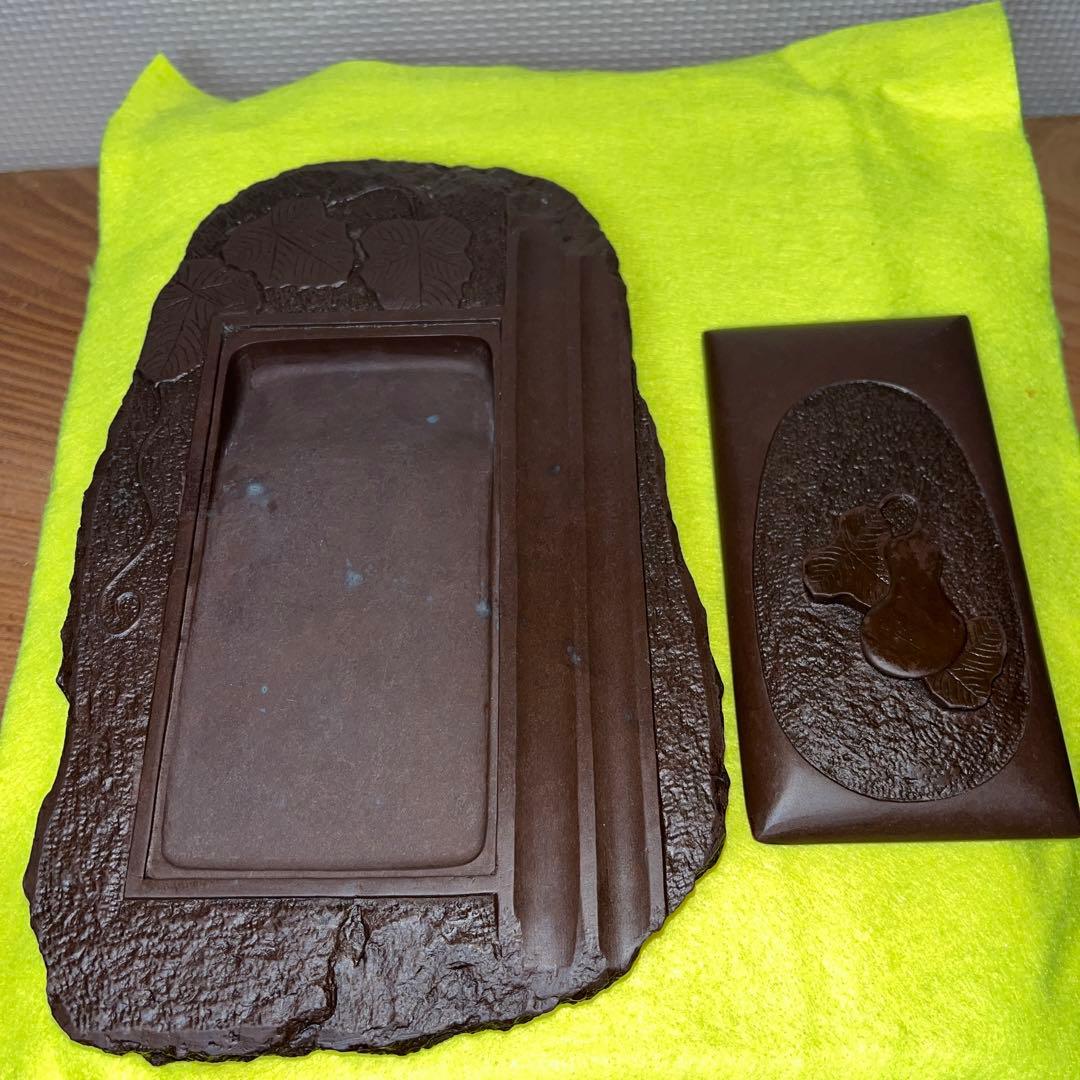 ⭕️赤間硯　古硯　赤間関　デカイ　7寸大　共蓋付き　墨持ち良い　手間