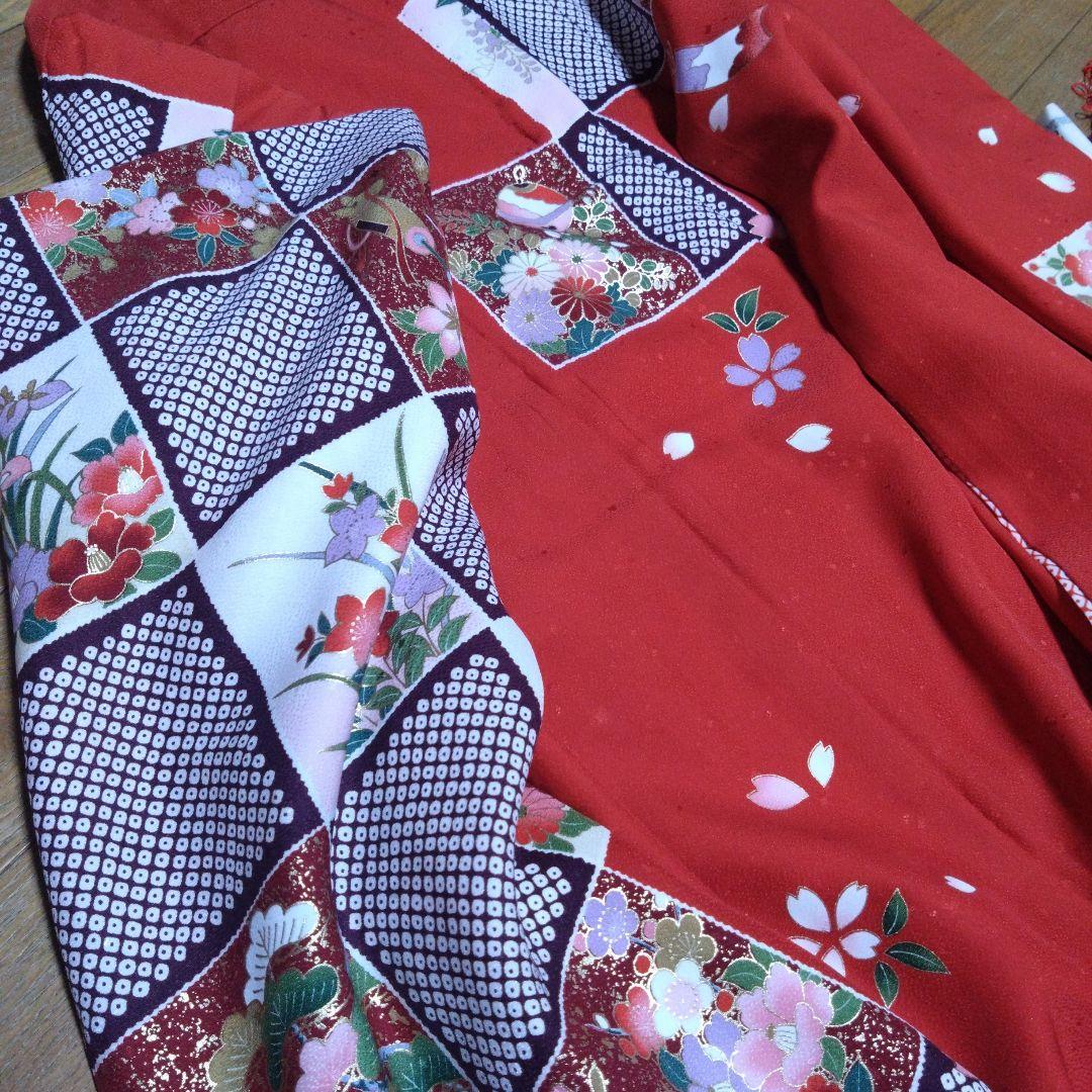 選べる色★七歳★上品★鹿の子と花の格子柄★着物セット