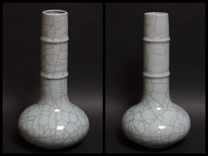 茶道具 哥窯鶴首花瓶 青磁花器 貫釉 茶道具 華道具 共箱