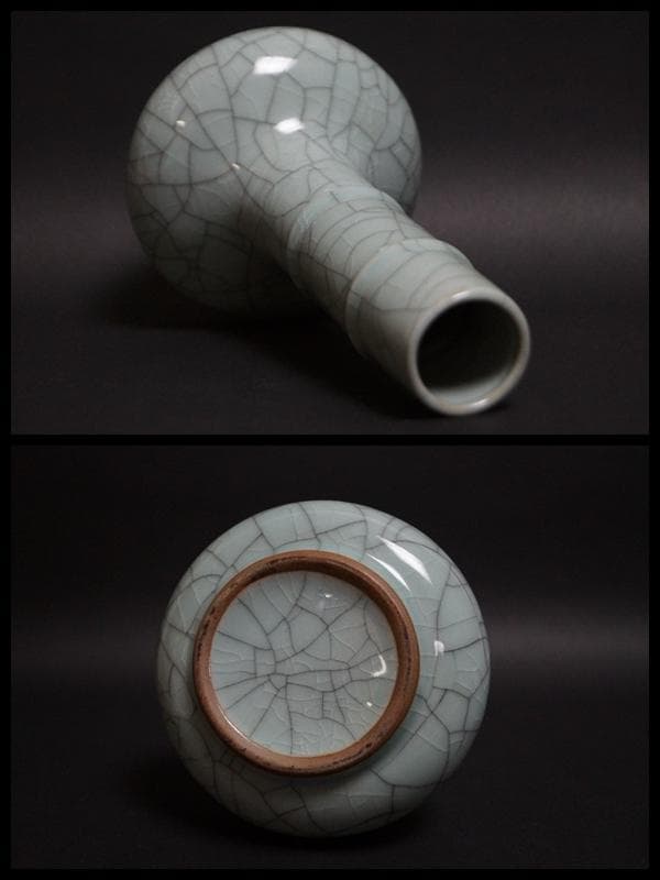 茶道具 哥窯鶴首花瓶 青磁花器 貫釉 茶道具 華道具 共箱