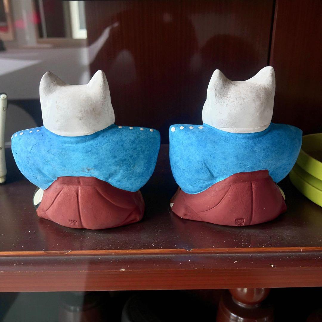 古玩 大阪府 郷土玩具 住吉大社 初辰猫 土人形 中猫×2 一対 縁起物 招き猫