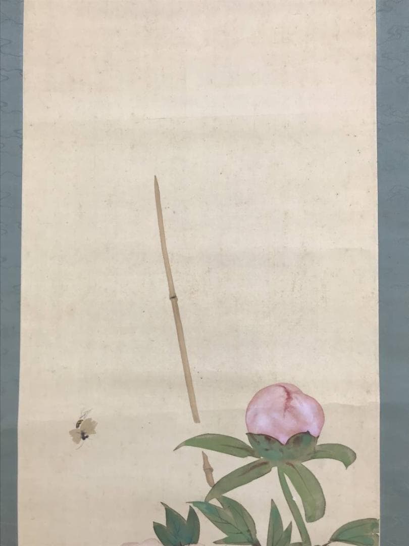 【真作】竹内鳴鳳/牡丹に蜂図/ボタン図/花図/掛軸/名家伝来/AD-822