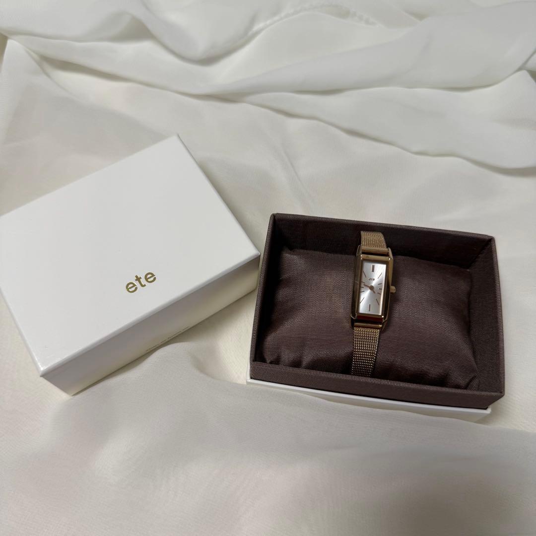 【ete】【美品】レクタングルフェイス メッシュベルト ウォッチ ピンクゴールド