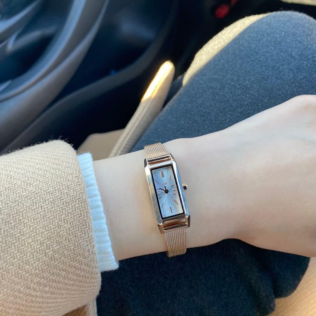 【ete】【美品】レクタングルフェイス メッシュベルト ウォッチ ピンクゴールド