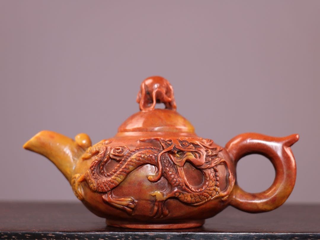 時代物　雙龍 天然　寿山石 急須· 茶壺 極細工彫刻　置物　逸品　インテリア