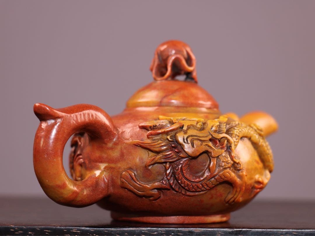 時代物　雙龍 天然　寿山石 急須· 茶壺 極細工彫刻　置物　逸品　インテリア
