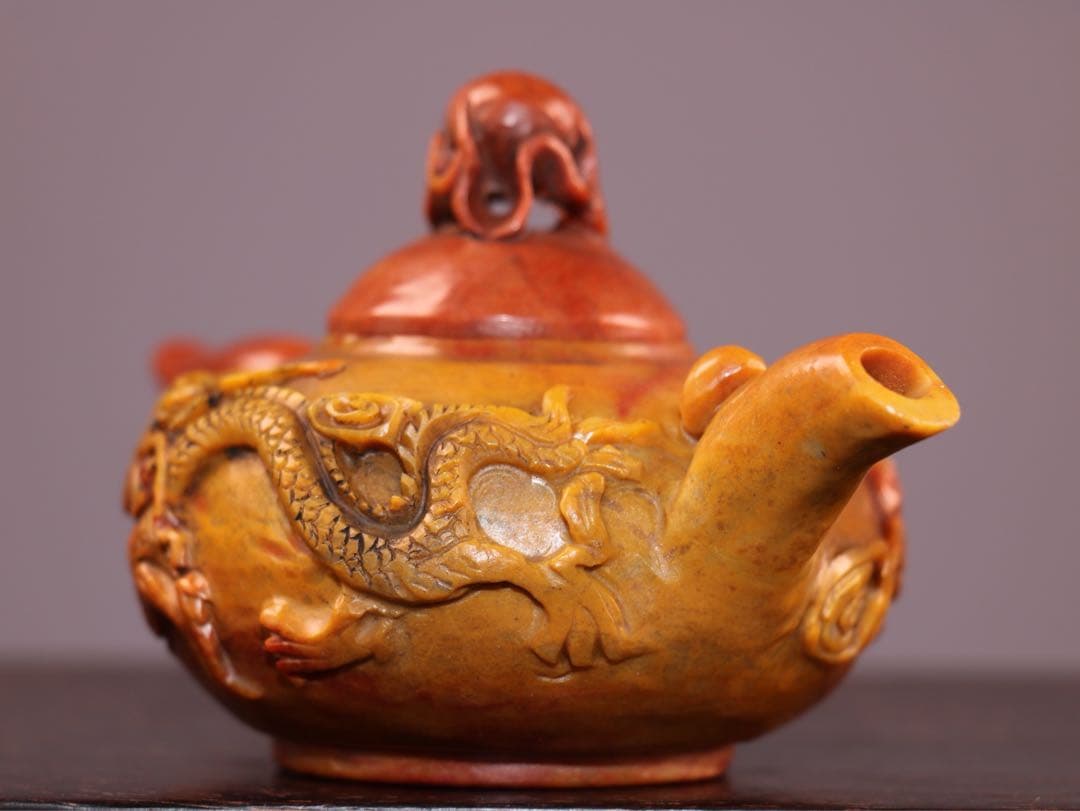 時代物　雙龍 天然　寿山石 急須· 茶壺 極細工彫刻　置物　逸品　インテリア