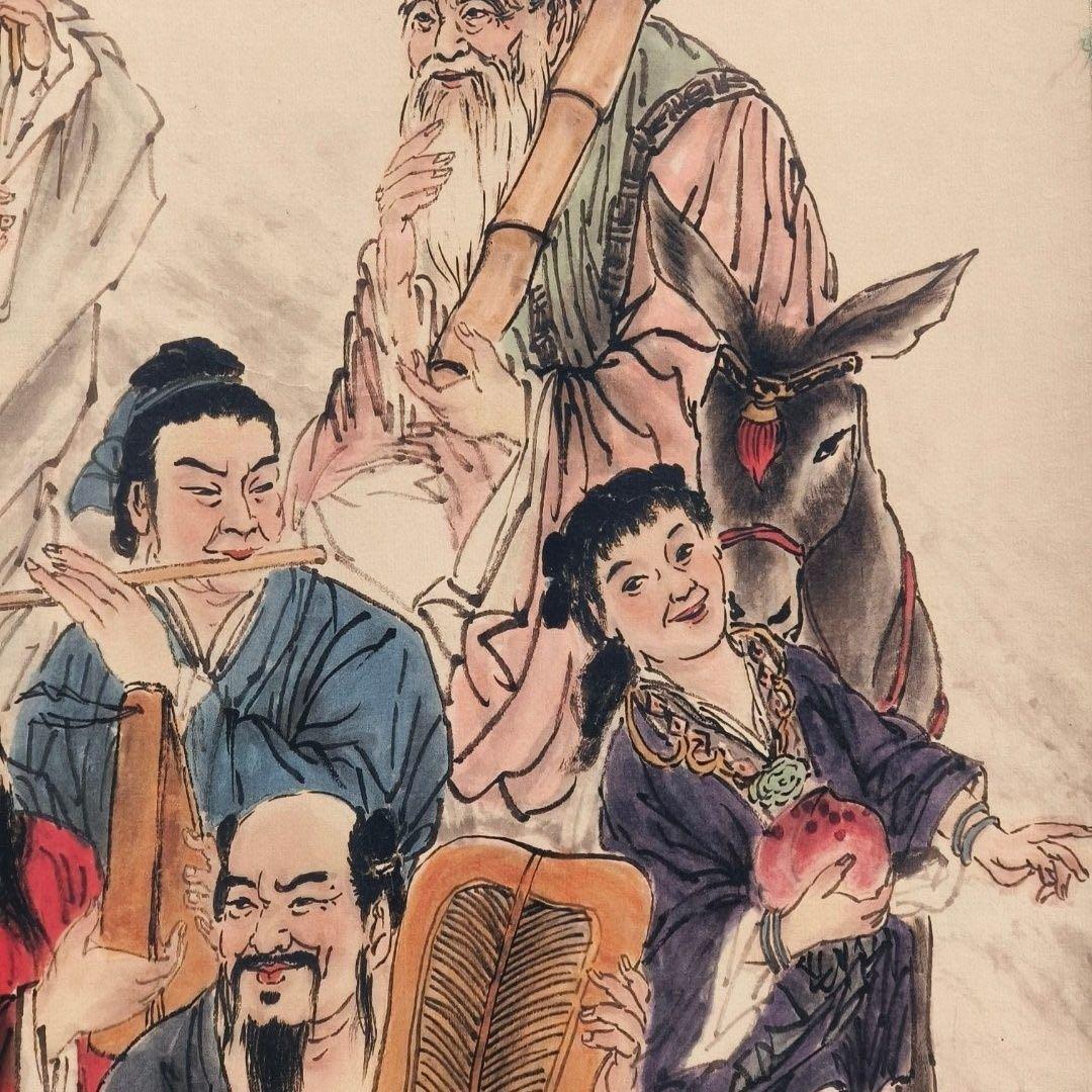 范曾《八仙過海》　中堂掛軸　中国名人書画　人物画　絹本 壁掛け装飾