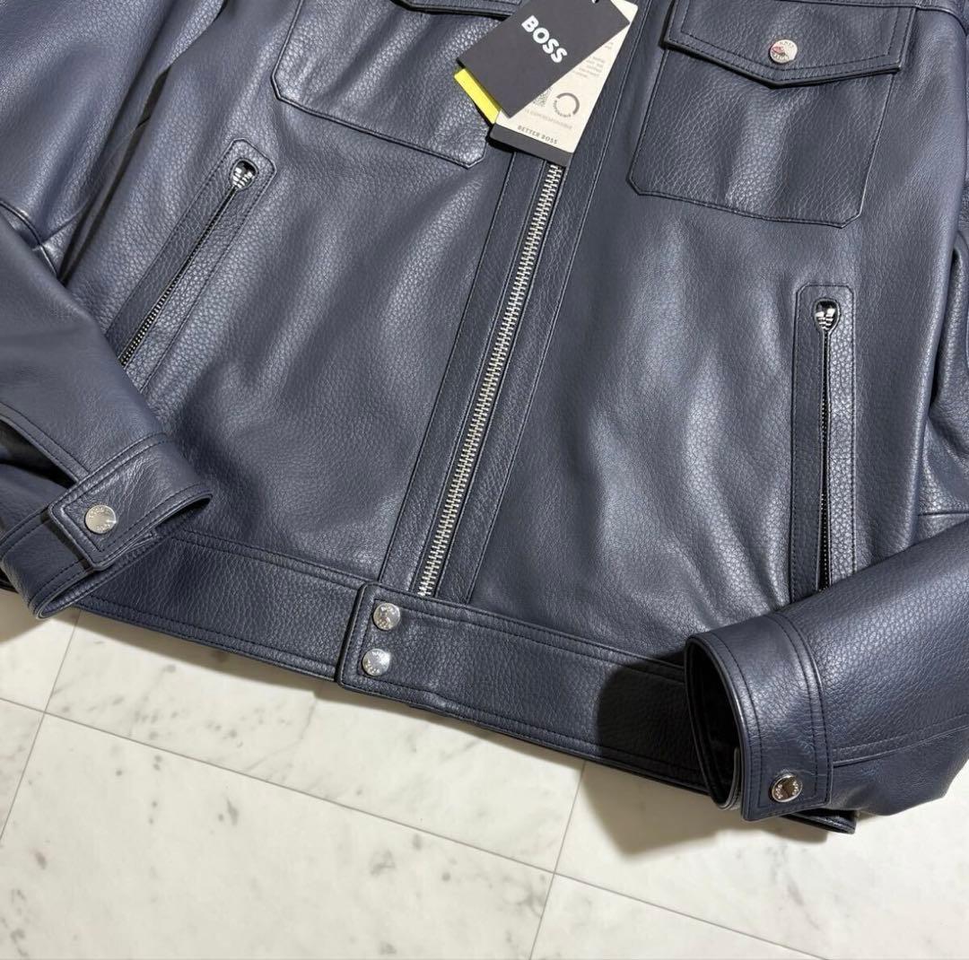 新品未使用タグ付き✨ HUGO BOSS レザージャケット 48 ネイビー L