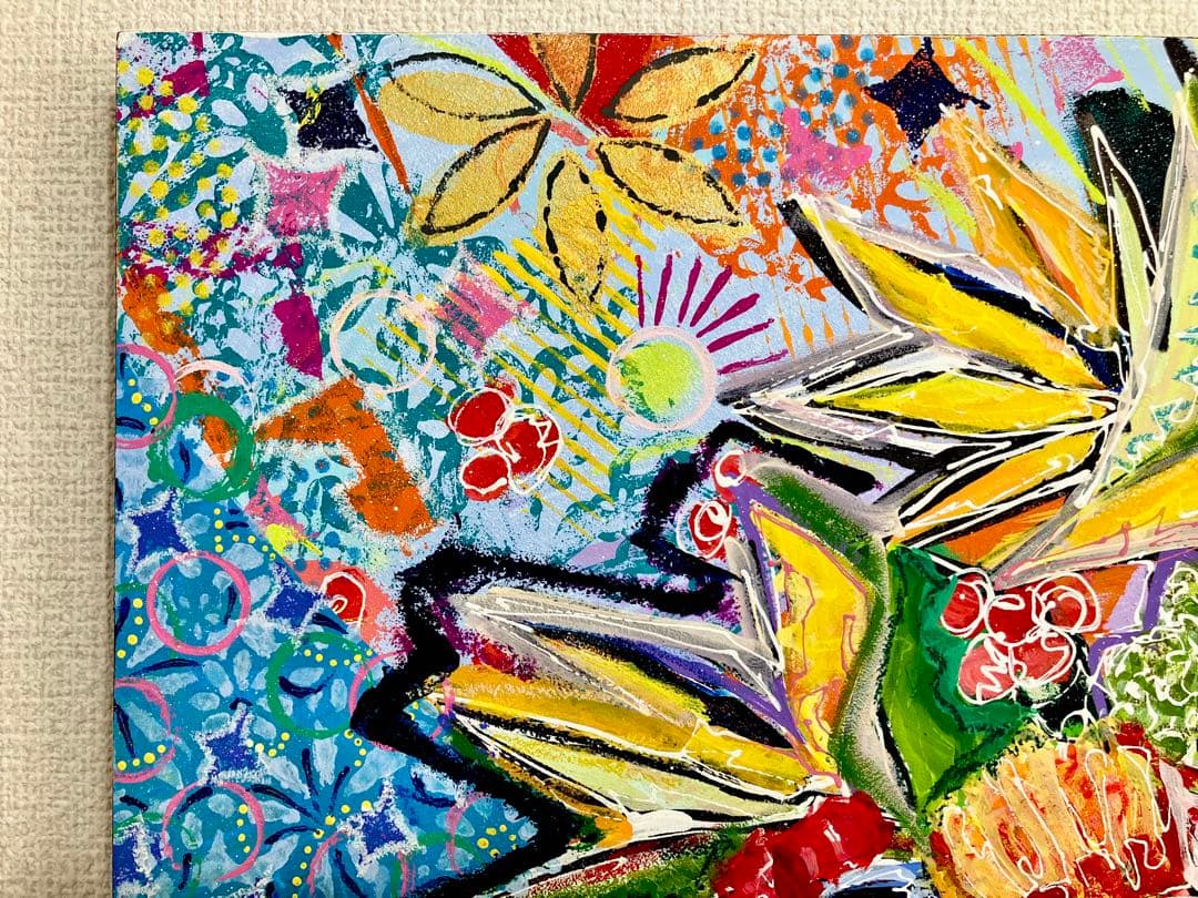 原画　花　額付き　花の絵　静物画　絵画　アクリル画　現代アート　手描き　一点物