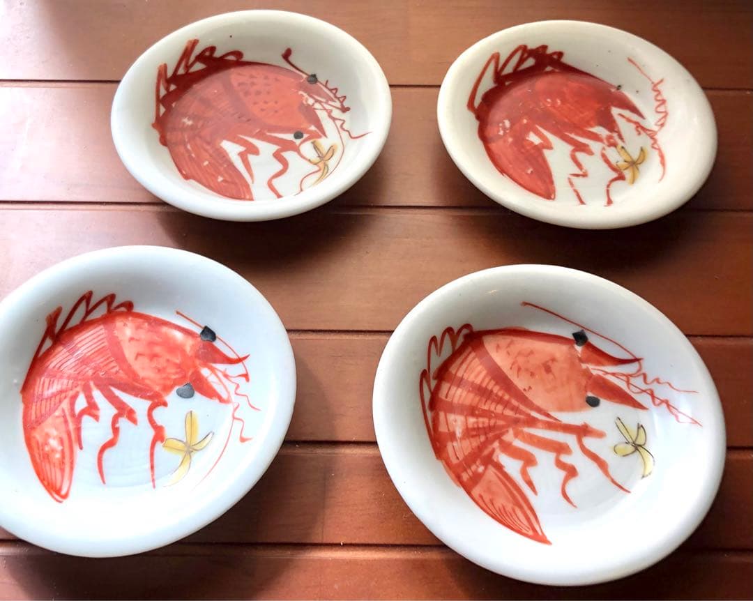 赤 海老小皿　蝦豆皿 4枚　色絵 絵付 印文 絵皿　骨董　伊万里 古伊万里 台湾