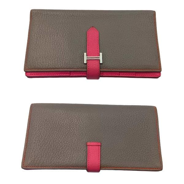 エルメス ベアンスフレ 長財布 ヴォーエプソン バイカラー グレージュ ピンク